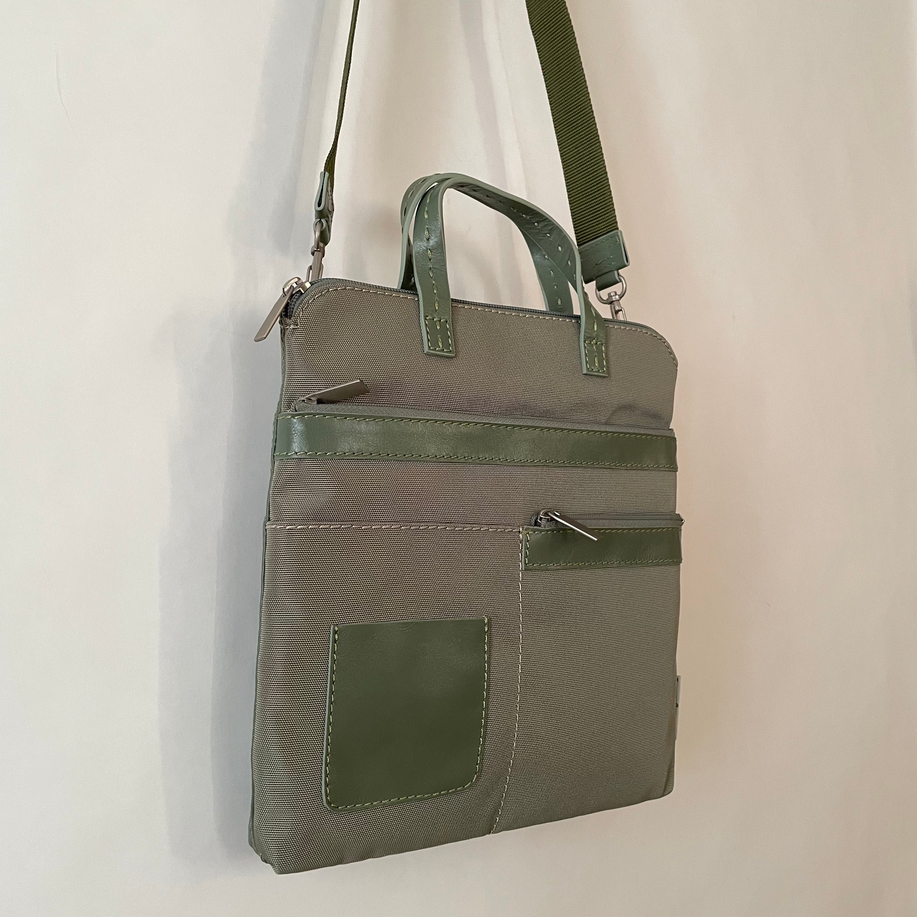 Premium Collection | Small Nylon x Leather Mix Cross-Body Shoulder Bag with Metal Zipper Pulls and Rose Embroidery | Sage